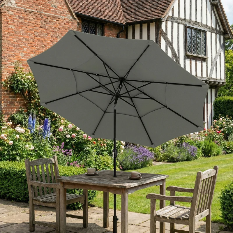 Outsunny Garden Parasol, Parasol Umbrella with 3-tier Roof, Crank Handle, Tilt Function, Polyester Canopy, Grey