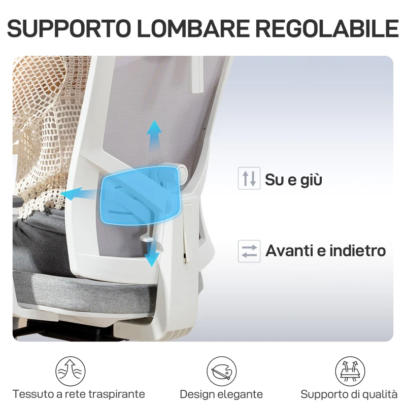 HOMCOM Sedia da Ufficio Ergonomica e Traspirante con Supporto Lombare Dinamico 4D, 64.5x62.5x112-122 cm, Multicolore