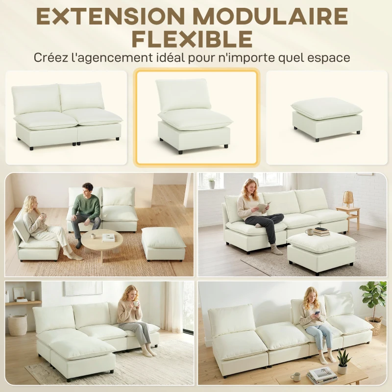HOMCOM Fauteuil de salon, canapé 1 place moderne sans accoudoirs avec assise large, coussins épais, 146x85x78cm, crème
