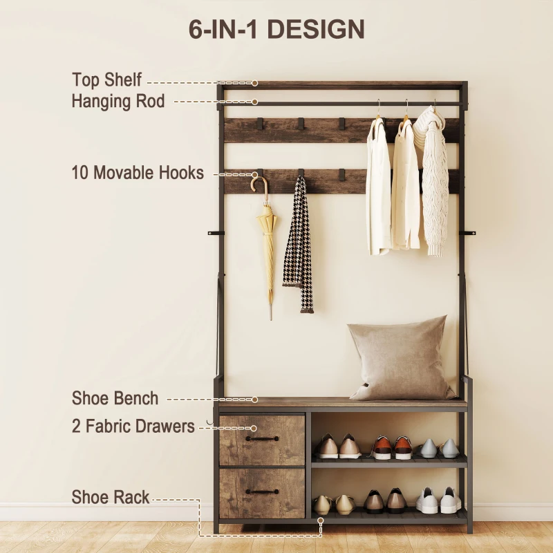 HOMCOM Stojak 6 w 1 na ubrania z ławką i półką na buty, styl industrialny, 10 haków, 2 szuflady materiałowe, metal, brązowy