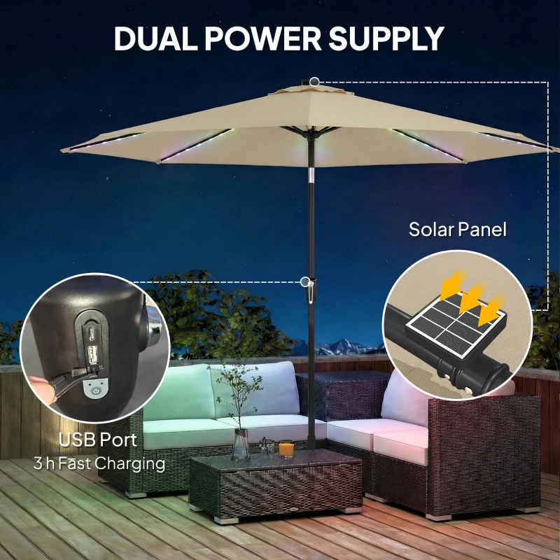 Outsunny 3 m Garden Parasol Umbrella with 112 Solar Powered LED Lights, Patio Umbrella with Crank Handle, Beige