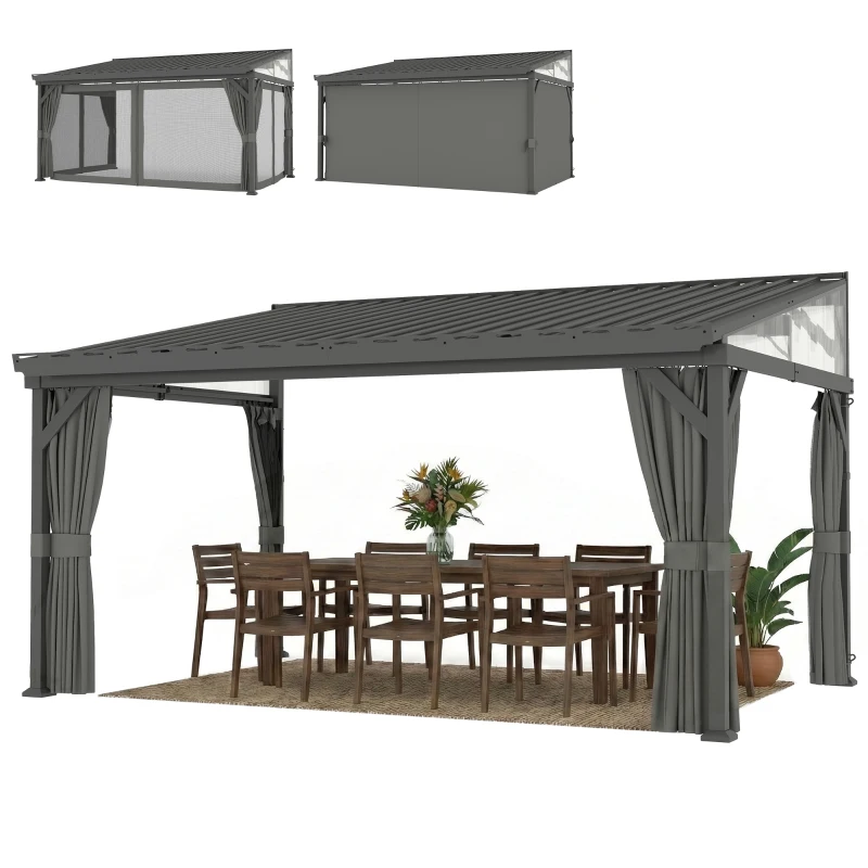Outsunny 4.3 x 3 m Garden Pergola with Galvanised Steel Roof, Lean to Pergola Gazebo with Netting Curtains, Dark Grey