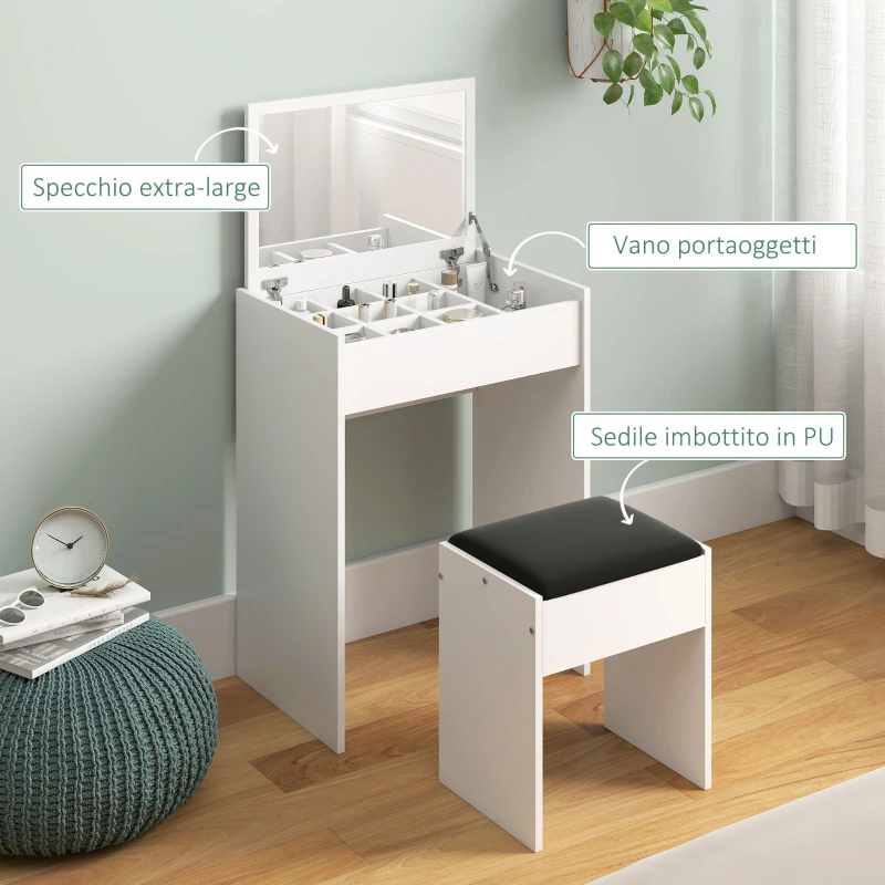 HOMCOM Postazione Trucco con Specchio Richiudibile, Toeletta Trucco Moderno, con Sgabello, Vano Contenitore a 10 Scomparti, MDF Bianco, 60.2 x 40.2 x 79cm
