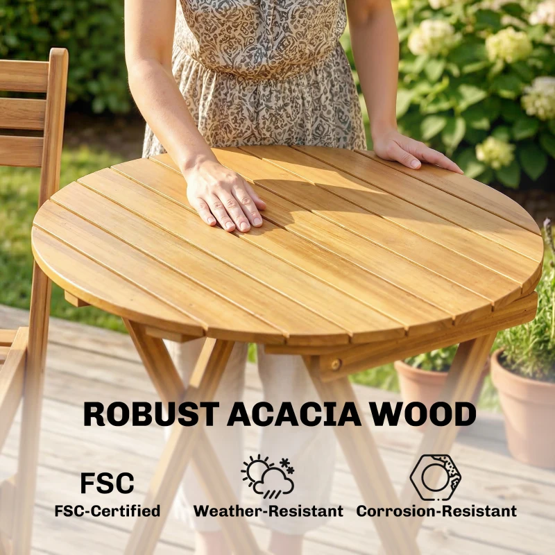 Outsunny Balkonmeubelset 3-delig FSC-hout inklapbaar Tuinmeubelset met ronde tafel 2 stoelen Zitkussens Ademend Lamellenzitting