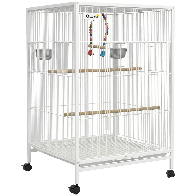 PawHut Cage pour oiseaux sur roulettes avec mangeoires, perchoirs, balançoire et plateau amovible 48x46x78 cm Blanc