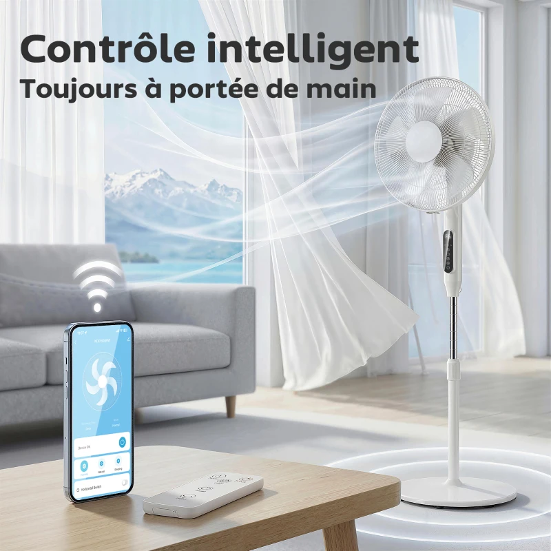 HOMCOM Ventilateur sur pied contrôlé par APP, ventilateur 45 cm avec télécommande, 3 vitesses, 3 modes, hauteur réglable, blanc