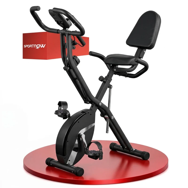 SPORTNOW Bicicleta Estática Dobrável com Resistência Magnética de 8 Níveis Encosto Volante Ecrã LCD e Banda de Resistência 43x97x109 cm Preto