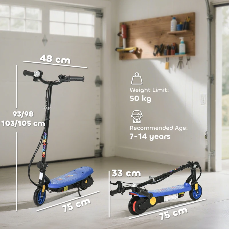 HOMCOM Foldable Electric Scooter, with LED Lights, for Ages 7-14 Years, Blue