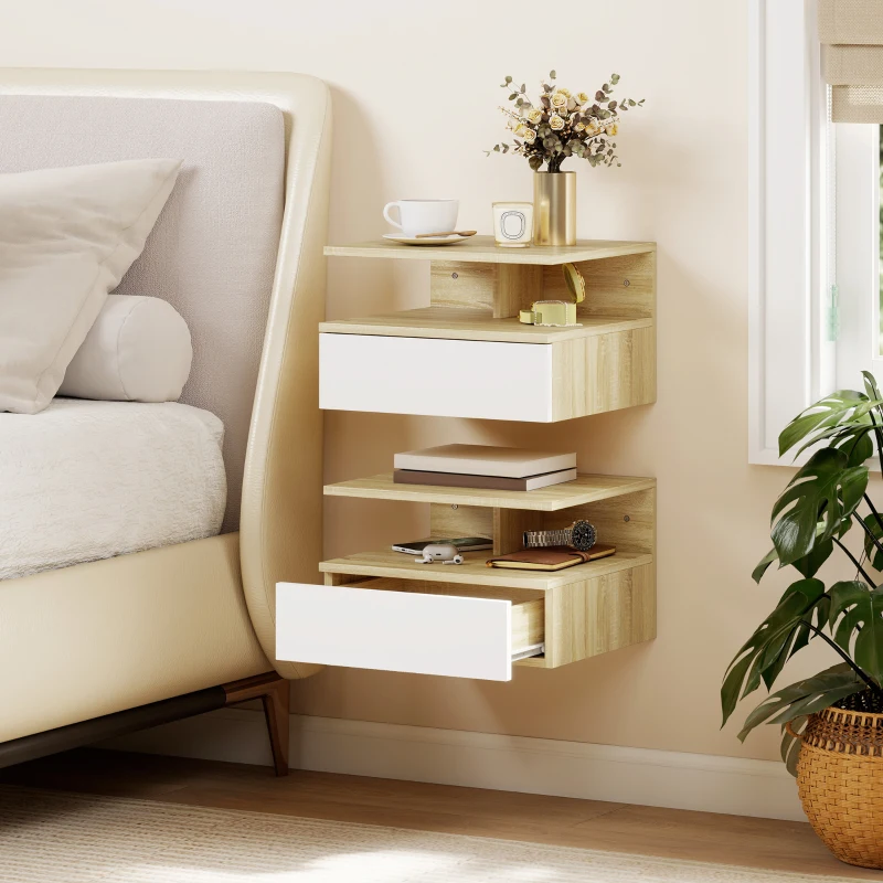 HOMCOM Set da 2 Comodini Sospesi con Cassetto e Ripiano Superiore, in Legno, 35x32x22.5 cm, Bianco e Rovere