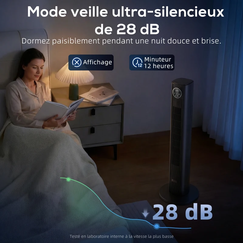 HOMCOM Ventilateur colonne silencieux 28dB, vitesse 8m/s, ventilateur tour chambre, 12 vitesses, 4 modes, minuterie 12H, noir