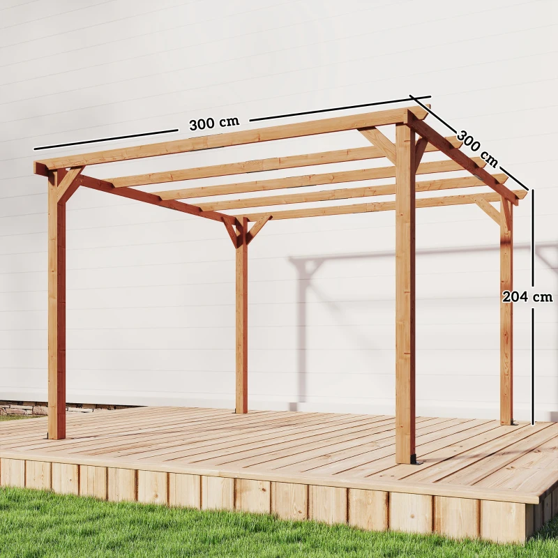 Outsunny Pergola de jardin 3x3 m en bois d'épicéa avec supports triangulaires et 5 poutres, couleur bois