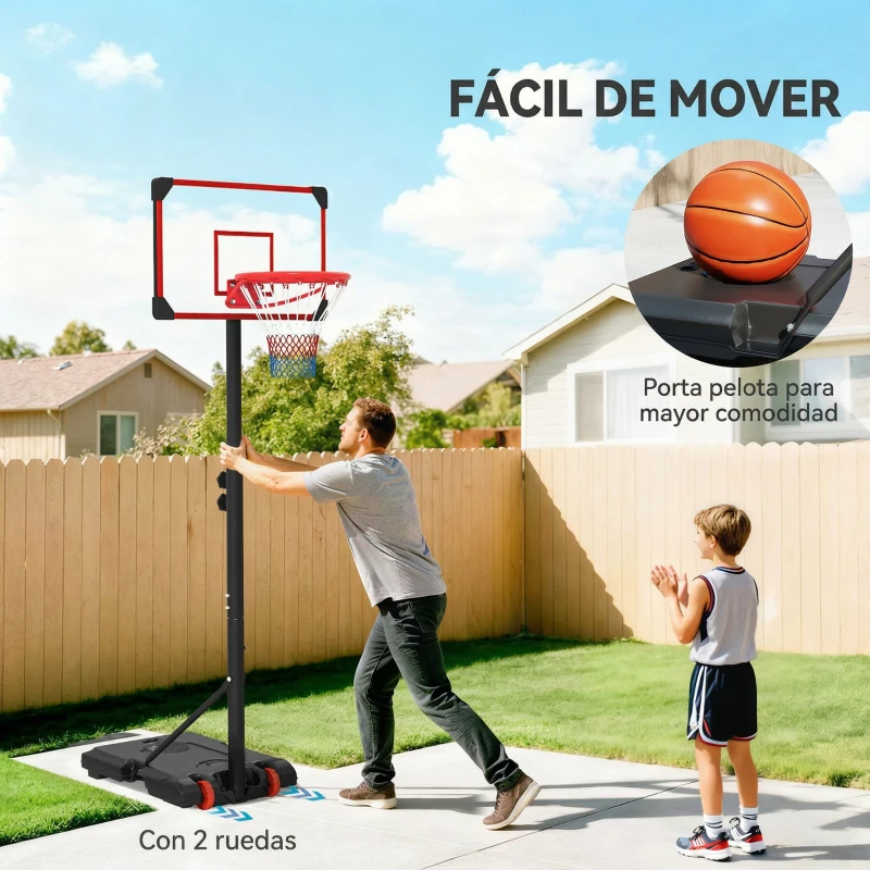 SPORTNOW Canasta de Baloncesto con Altura Ajustable 178-208 cm Ruedas y Base Rellenable para Adolescentes y Adultos Rojo y Negro