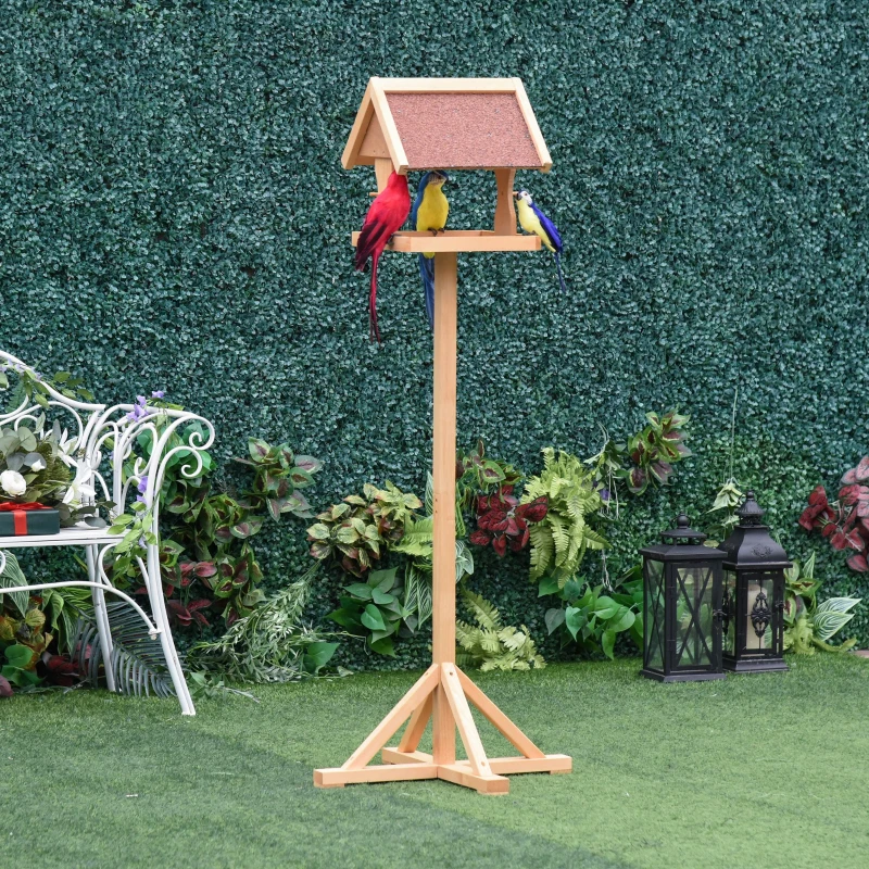 PawHut Hrănitoare pentru păsări exterioară pe picior, acoperiș rezistent la intemperii, lemn masiv, 55 x 55 x 144 cm, lemn natural