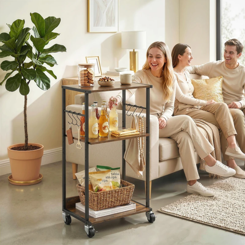 HOMCOM Table d'imprimante industrielle 3 niveaux, roues et crochets, Marron Rustique.