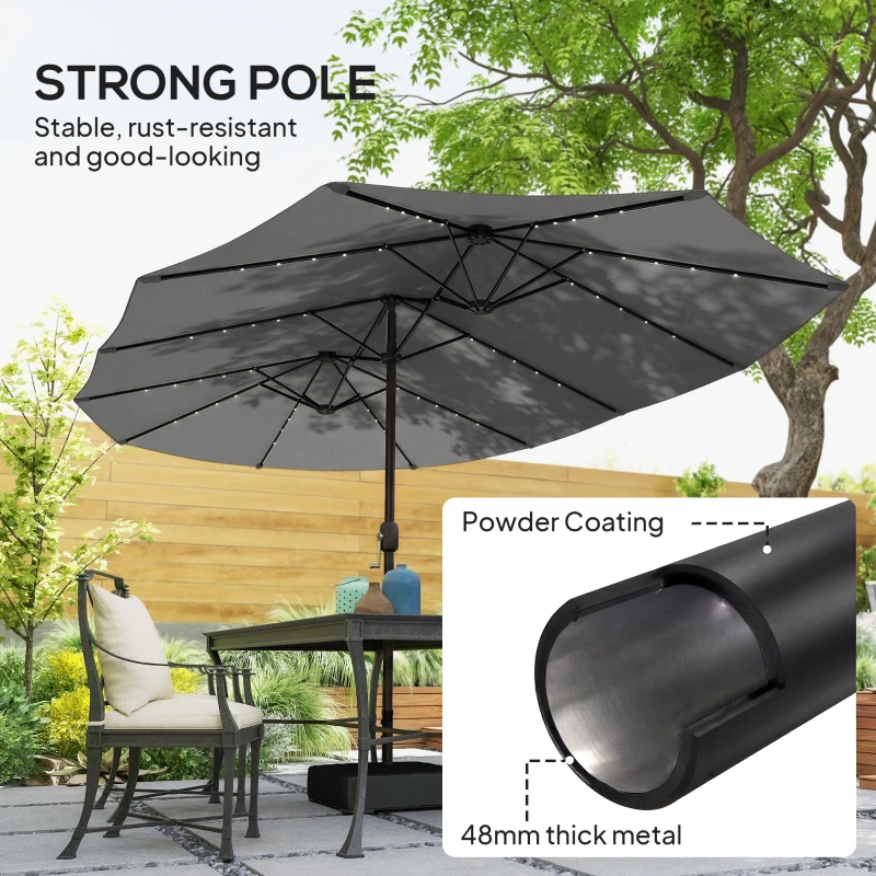 Outsunny Patio Umbrella Double-Sided Outdoor Umbrella with Solar Lights Base, Grey