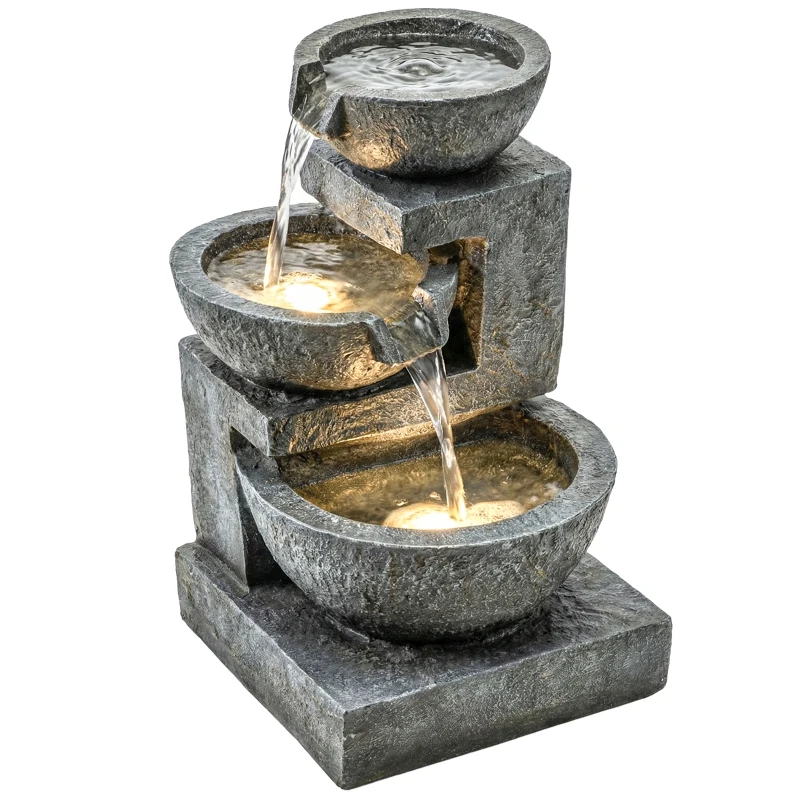 Outsunny Fântână în 3 trepte Fântână de grădină cu iluminare LED și pompă, aspect piatră, reglabilă 40 x 37 x 61 cm