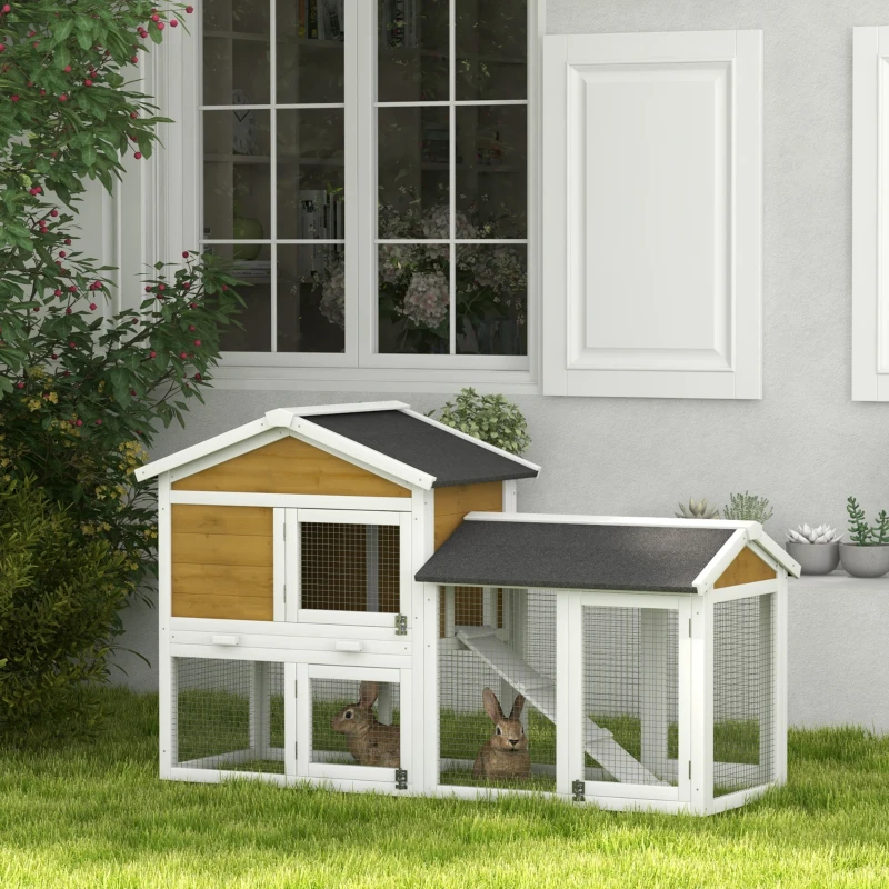 PawHut Clapier 2 étages Clapier en bois Cage à lapins avec toit bitumé Enclos Rampe Portes 147x54x84 cm Jaune