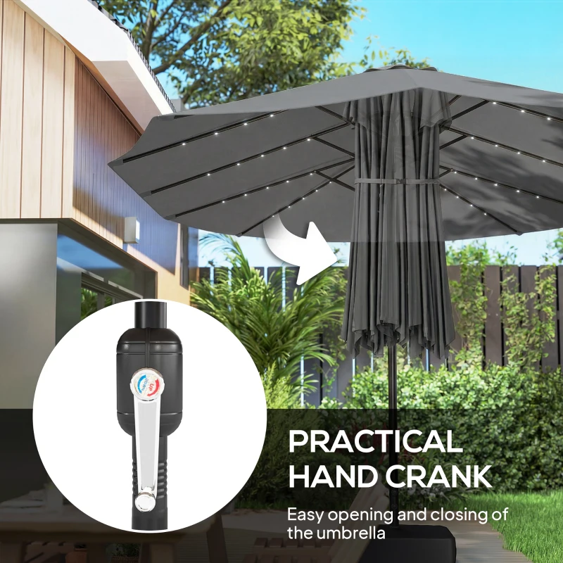 Outsunny Patio Umbrella Double-Sided Outdoor Umbrella with Solar Lights Base, Grey