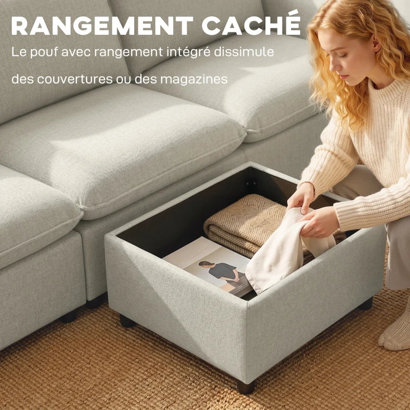HOMCOM Canapé 3 places avec pouf de rangement, canapé d'angle modulable 212 cm, coussins à ressorts, tissu en lin, crème