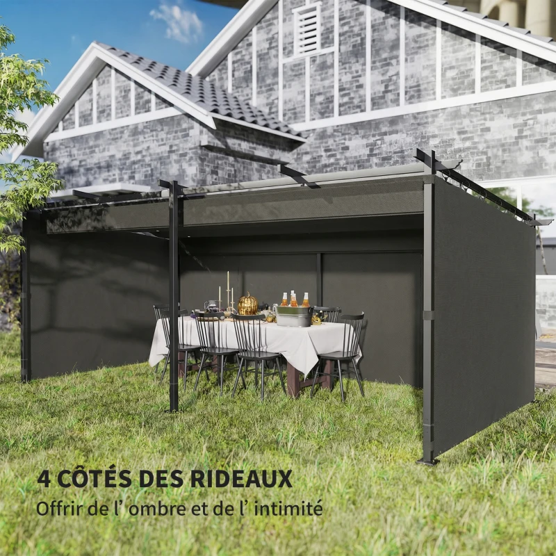 Outsunny Pergola rétractable avec rideaux latéraux, tonnelle de jardin en métal avec protection solaire UPF30+, gris foncé