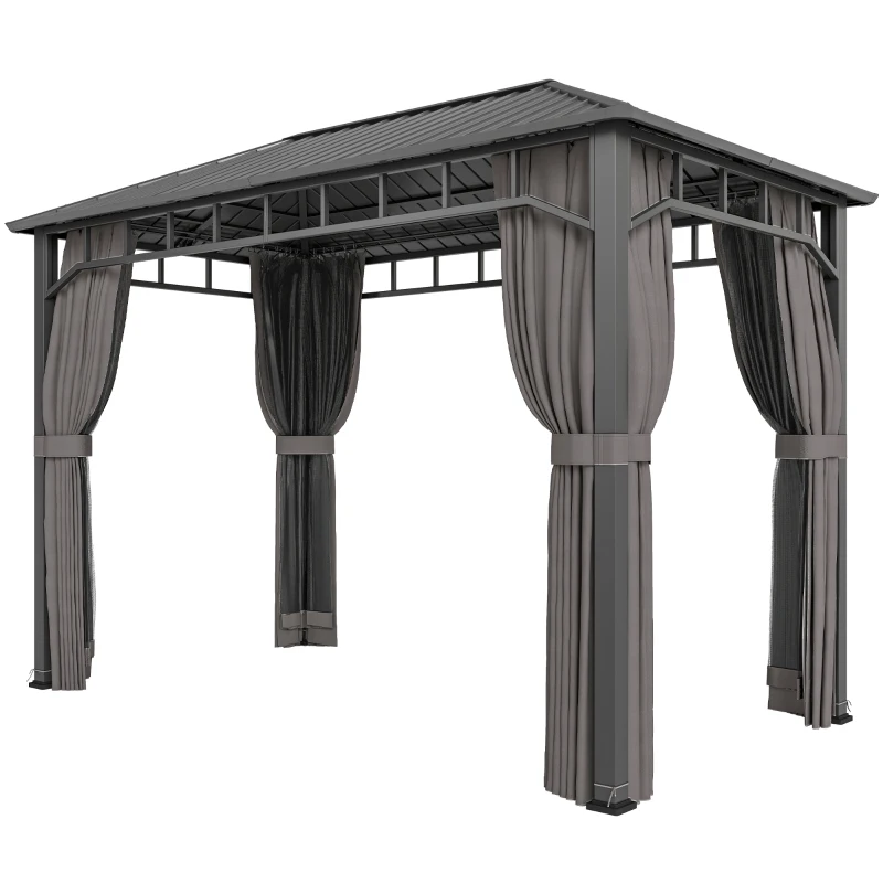 Outsunny 2 x 3.5 m Hardtop Gazebo with Galvanised Steel Roof, Waterproof Permanent Pavilion Garden Gazebo with Netting and Curtains for Patio, Deck, Dark Grey