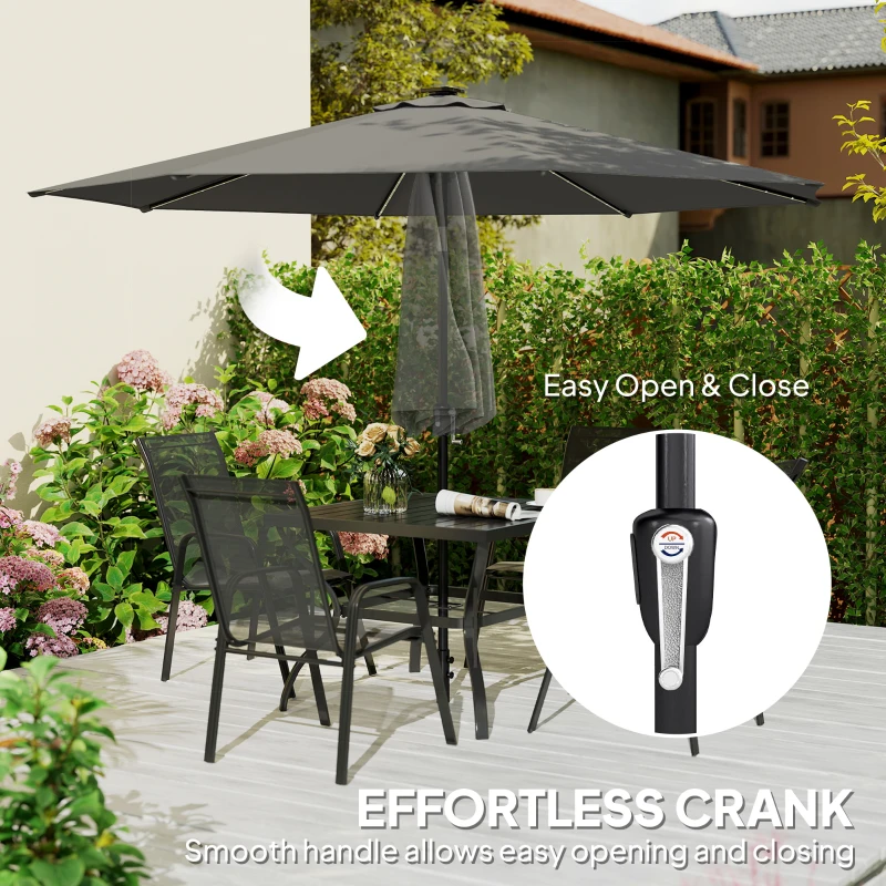 Outsunny 3 m Garden Parasol Umbrella with 112 Solar Powered LED Lights, Patio Umbrella with Crank Handle, Grey