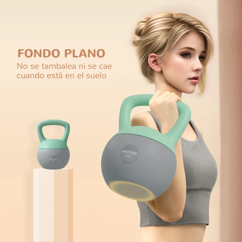 SPORTNOW Pesa Rusa 8 kg Kettlebell Relleno de Arena Metálica Mango Antideslizante para Casa 19x19x28 cm Verde y Gris