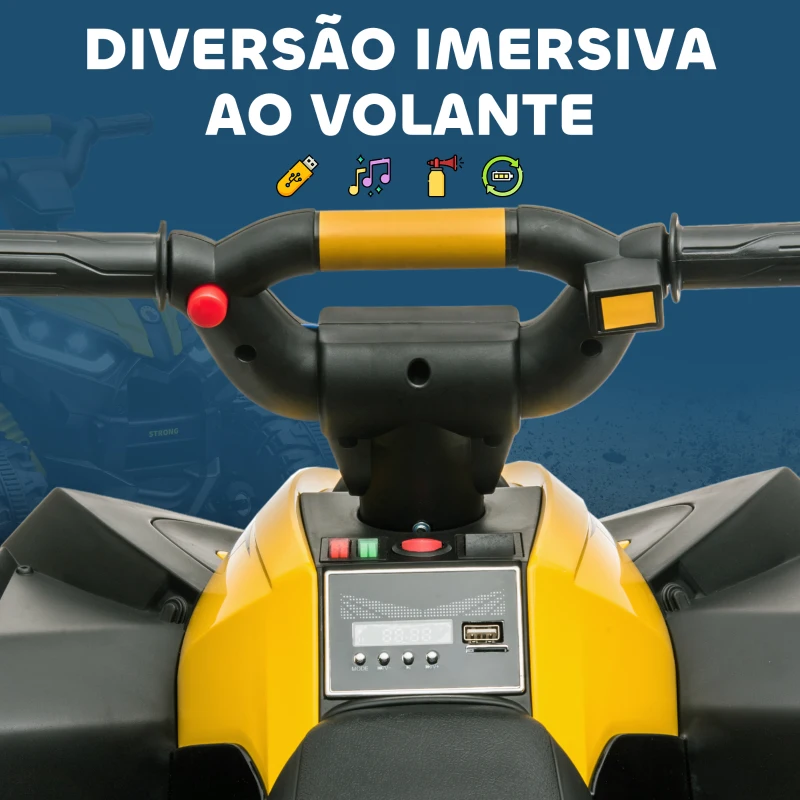 HOMCOM Quadriciclo Elétrico para Crianças de 3-5 Anos Veículo Eléctrico a Bateria 12V com 2 Motores 83x53x55,5 cm Amarelo