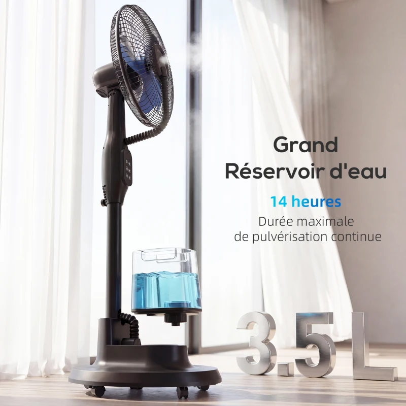 HOMCOM Ventilateur brumisateur silencieux 90W ventilateur sur pied 128cm oscillation 70° 3 vitesses 3 modes minuterie noir