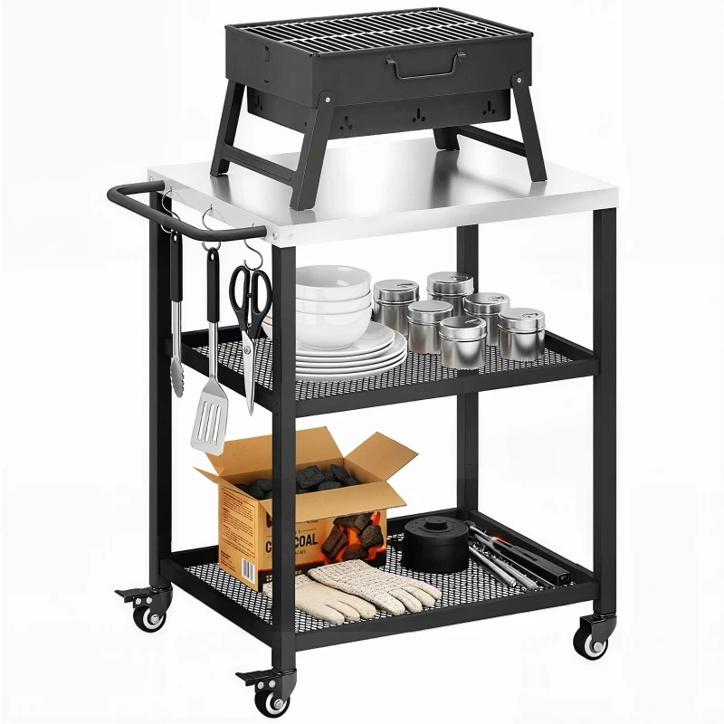 Outsunny Outdoor Grill Cart with Stainless Steel Tabletop, 3-Tier Pizza Oven Stand with Adjustable Shelf, Hooks, Wheels, Black