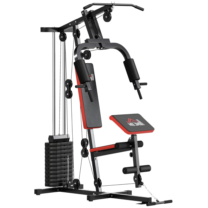 HOMCOM Máquina de Musculación con Pesas Ajustables de 65 kg Prensa de Pecho y Piernas Polea 135x103x210 cm Negro