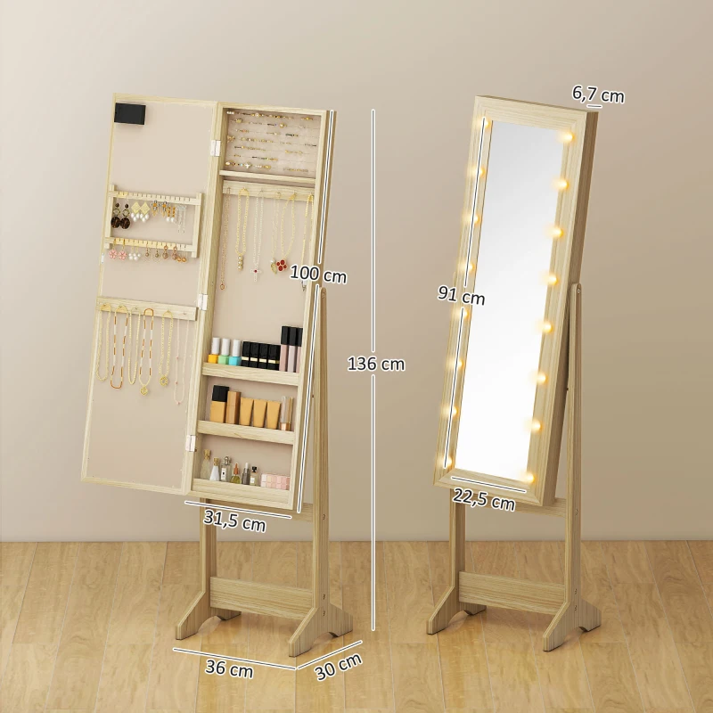 HOMCOM Miroir-aramoire à bijoux avec éclairage LED Armoire pour bijoux Armoire à bijoux sur pied avec miroir pleine longueur Angle réglable Bois naturel