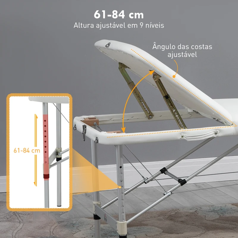 HOMCOM Marquesa de Massagem Dobrável e Portátil com Altura Ajustável e Apoio para a Cabeça 215x81x61-84 cm Branco