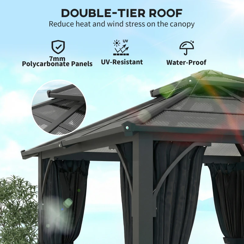 Outsunny 2.5 x 2.5 m Hardtop Gazebo Canopy with 7mm PC Roof, Garden Gazebo Permanent Pavilion with Netting, Curtains, Dark Grey