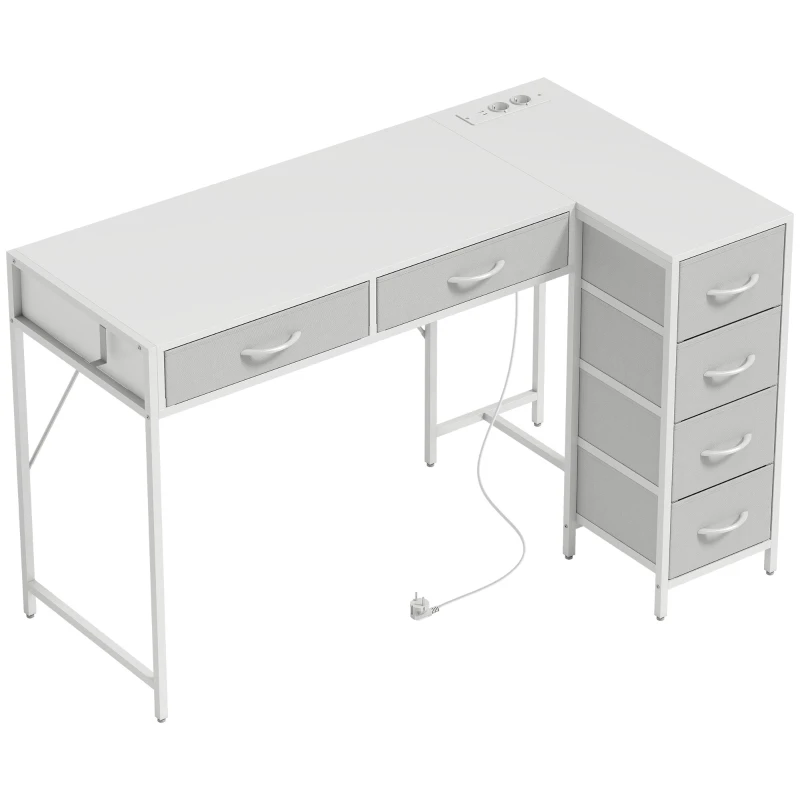 HOMCOM Bureau d'angle réversible avec 6 tiroirs 126x48 cm avec prise électrique port de charge USB et USB-C Blanc