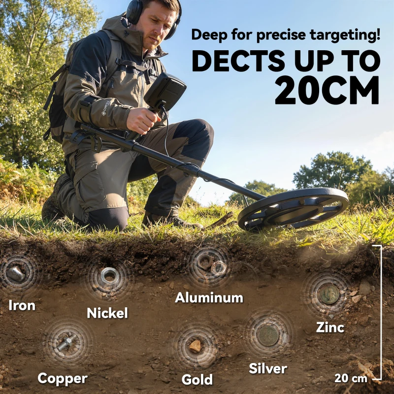 Outsunny Metal Detector for Adults, IP68 Waterproof Search Coil with LCD Display, 5 Modes Gold Detector with Carry Bag, Shovel