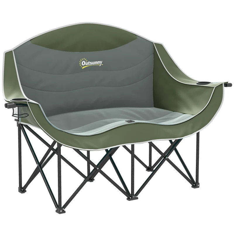 Outsunny Chaise pliante 2 places chaise de camping pliable avec porte-boissons housse de transport charge jusqu'à 250 kg Vert