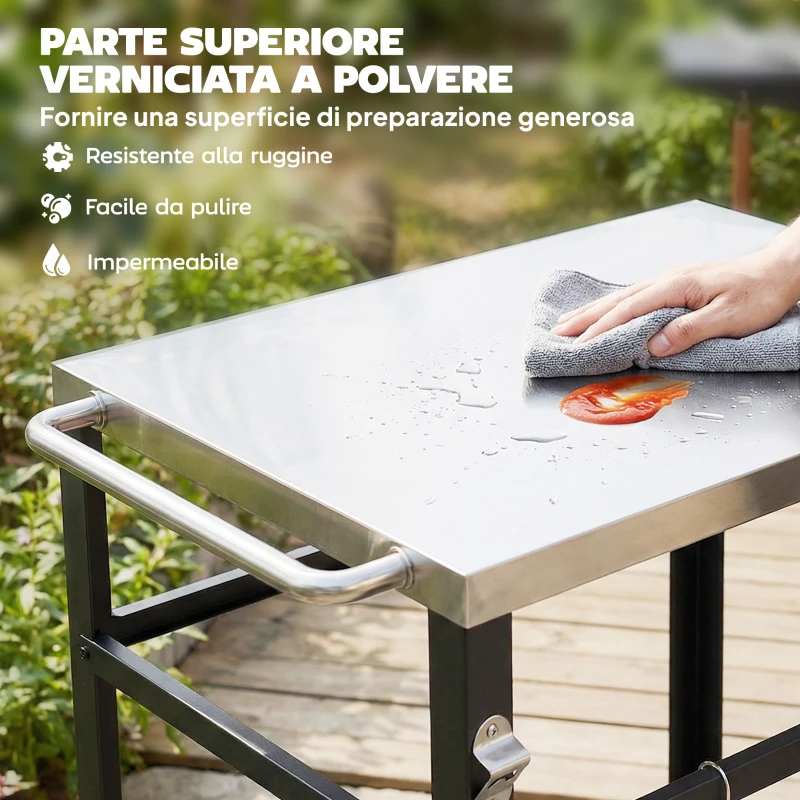 Outsunny Carrello per Barbecue con Piano in Acciaio Inox, 4 Ganci a S, Maniglia e Apribottiglie, 82x55x79 cm, Nero