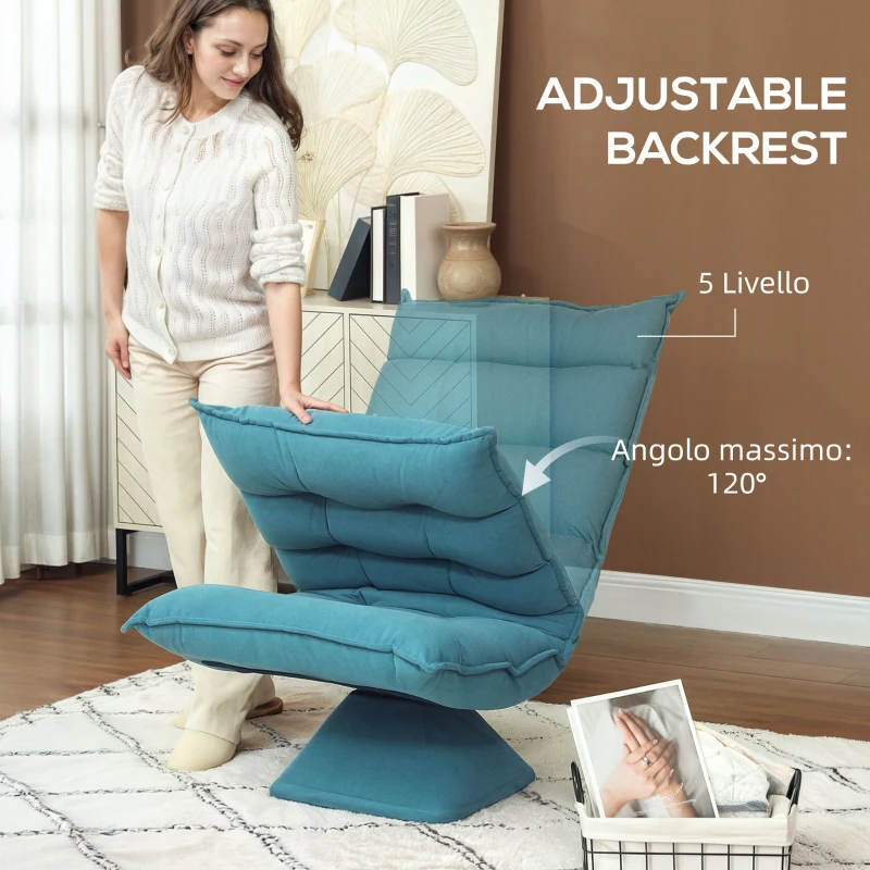 HOMCOM Poltrona Relax Girevole Effetto Velluto e Acciaio con Schienale Regolabile in 5 Posizioni, 62x70x95 cm, Blu