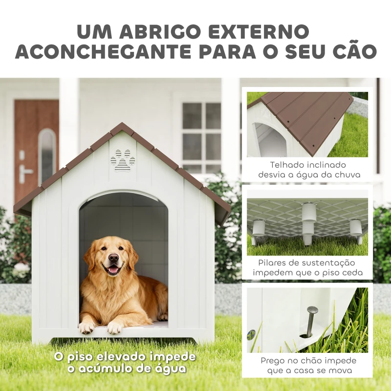 PawHut Casota para Cães de Exterior Casa para Cães Grandes de Plástico com 2 Janelas Base Elevada Estacas Castanho Escuro