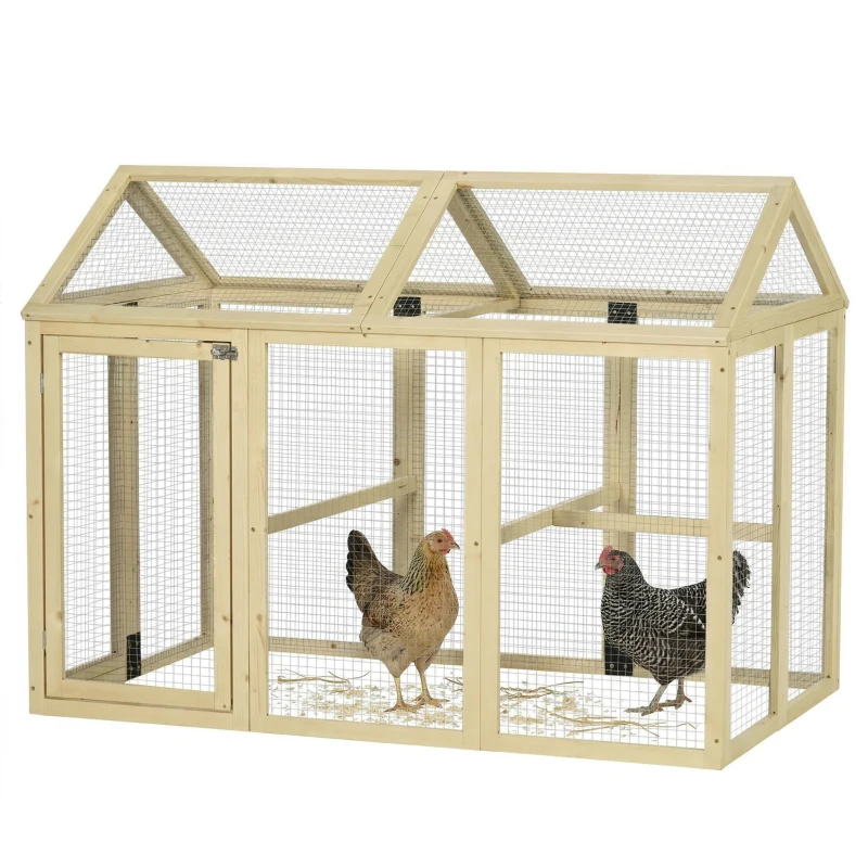 PawHut Recinto per Galline all'Aperto in Legno con Porte Multiple e Rete in Metallo, 140x88.5x106 cm, color Legno