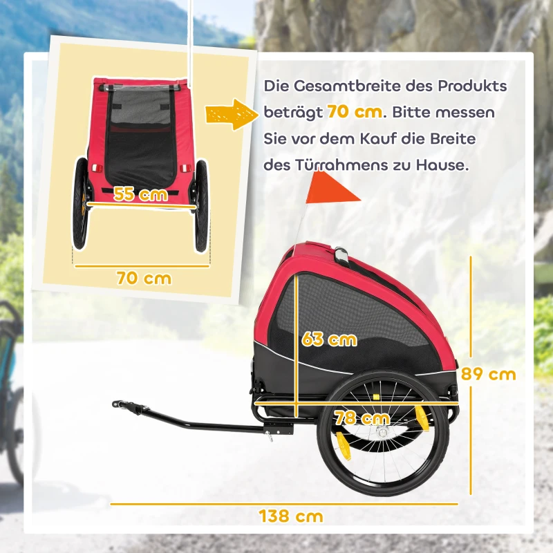 PawHut Remorque pliable pour chiens avec réflecteurs fenêtres en mesh roues porte drapeau de sécurité pour chiens jusqu'à 20 kg 138x70x89 cm Rouge