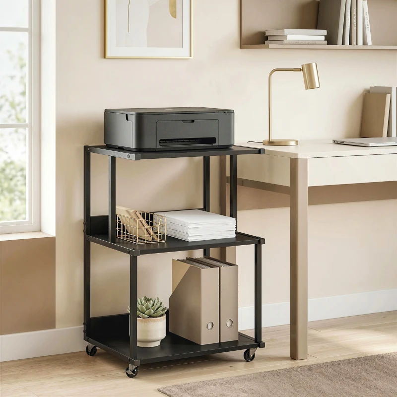 HOMCOM soporte para impresora 3 niveles con ruedas, mesa industrial metal oficina, negro.