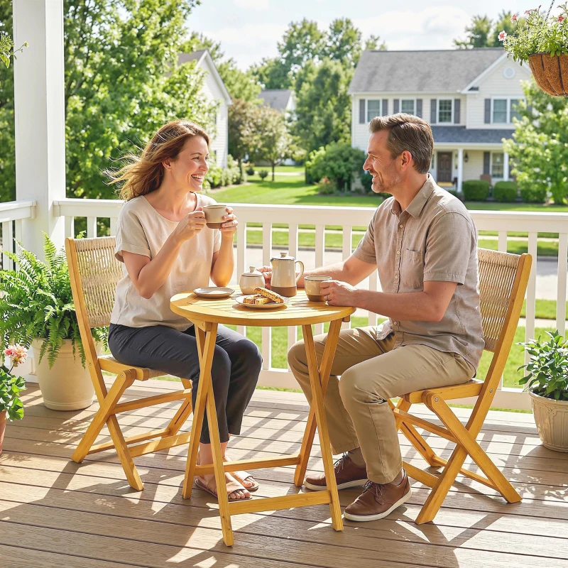 Outsunny Balkonmeubelset 3-delig Polyrattan Hout Inklapbaar Tuinmeubelset met Tafel en 2 Stoelen, Ademend