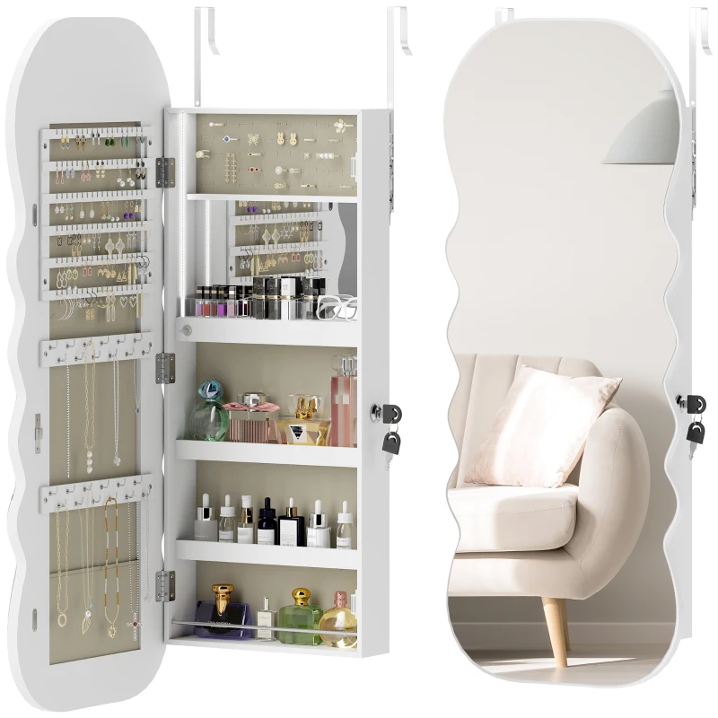 HOMCOM Miroir-coffre à bijoux avec lumière LED monté au mur ou sur la porte avec serrure miroir en pied blanc