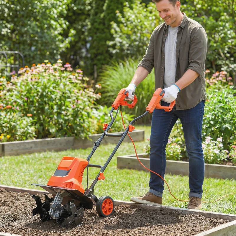 Outsunny Motobineusă electrică 1500W cu mâner pliabil, lățime de lucru 40 cm, adâncime de arat 9 cm, 6 lame, portocaliu