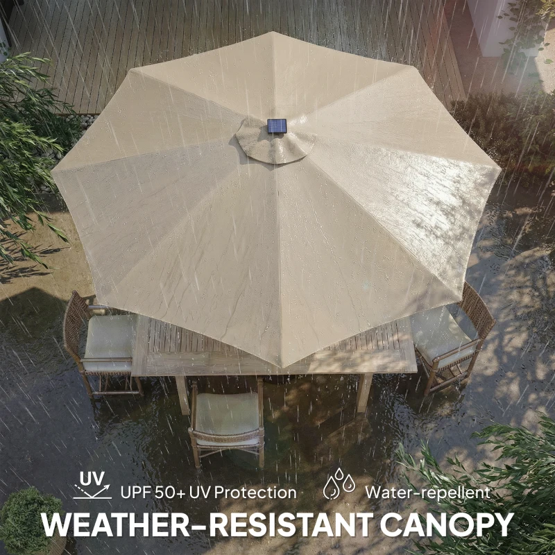 Outsunny 3 m Garden Parasol Umbrella with 112 Solar Powered LED Lights, Patio Umbrella with Crank Handle, Beige