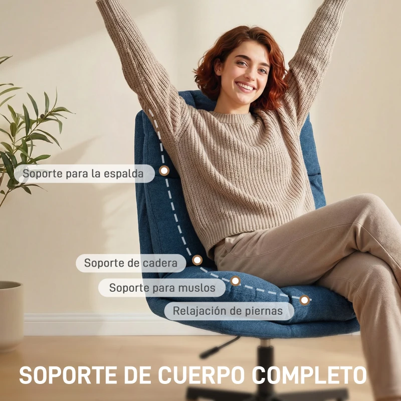 HOMCOM Fauteuil de Salon Pivotant 360° Hauteur Réglable Assise Large Revêtement en Lin Base Métallique Bleu Foncé