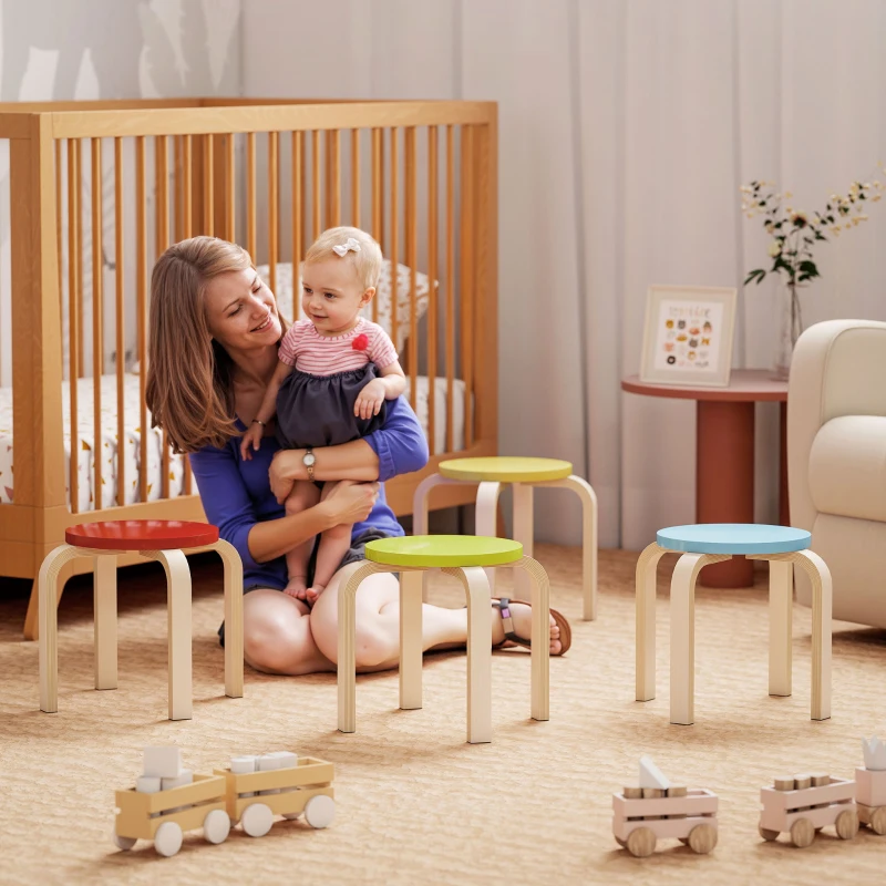 HOMCOM 4-Piece Stacking Stools, Colourful Round Wooden Stools for Home Office, Dining Room, Blue, Yellow, Red, Green