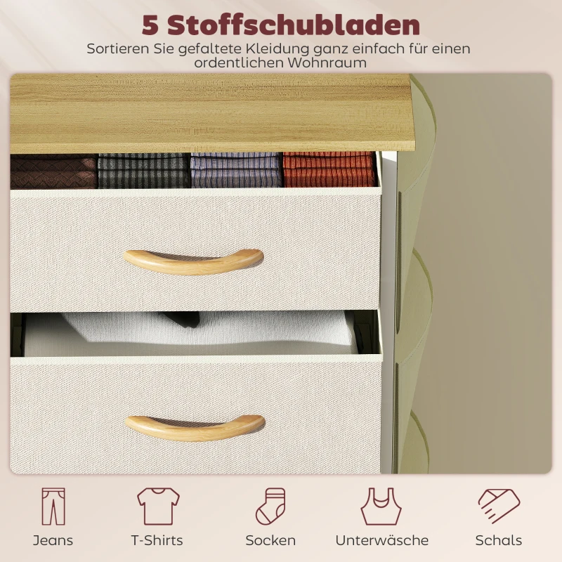 HOMCOM Schlafzimmer-Kommode mit 5 Stoffschubladen, Stahlstreben, Holzoberfläche, 4 Aufbewahrungstaschen, 2 Haken, Beige